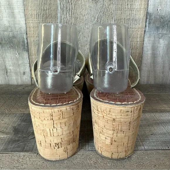 Womens Sam Edelman Rose Gold Metallic Leather Cork Wedge Thong Sandals Size 9.5 - Picture 4 of 10